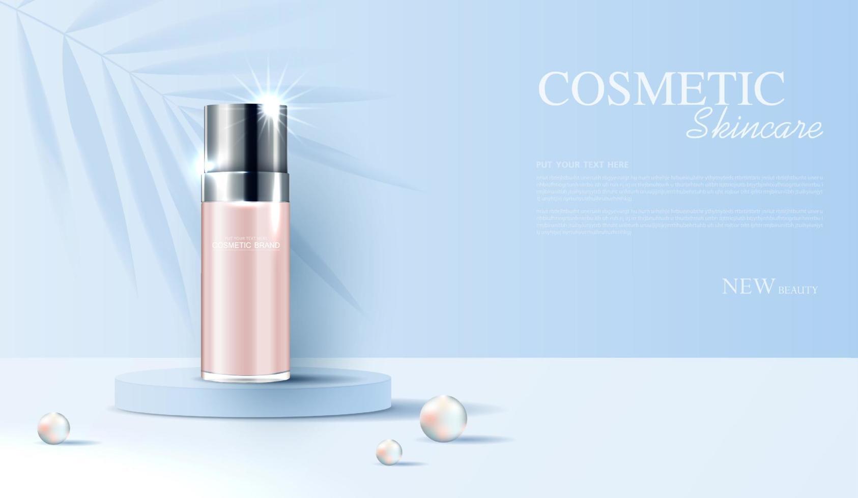 kosmetika eller hudvårdsprodukter annonser med flaska, bannerannons för skönhetsprodukter, blad och pärla bakgrund glittrande ljuseffekt. vektor design