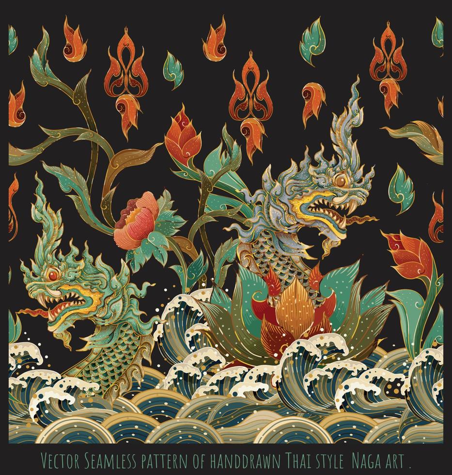 Vektornahtloses Muster handgezeichneter Naga-Kunst im thailändischen Stil vektor