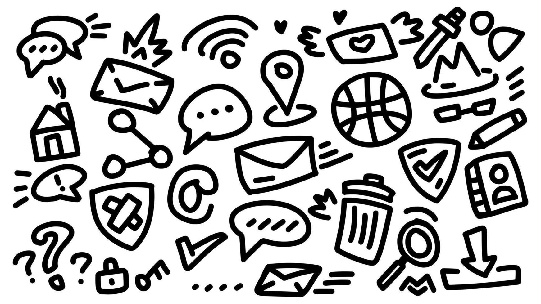 Internet- und Social-Media-Icon-Set handgezeichnete Doodle-Umrissvektorvorlagen-Illustrationssammlung für Benutzeroberfläche und Malbuch vektor