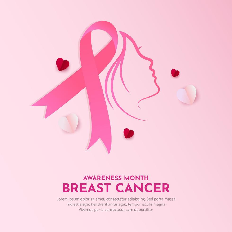 glad internationell bröstcancer dag design bakgrund med rosa band och kvinna silhuett vektor