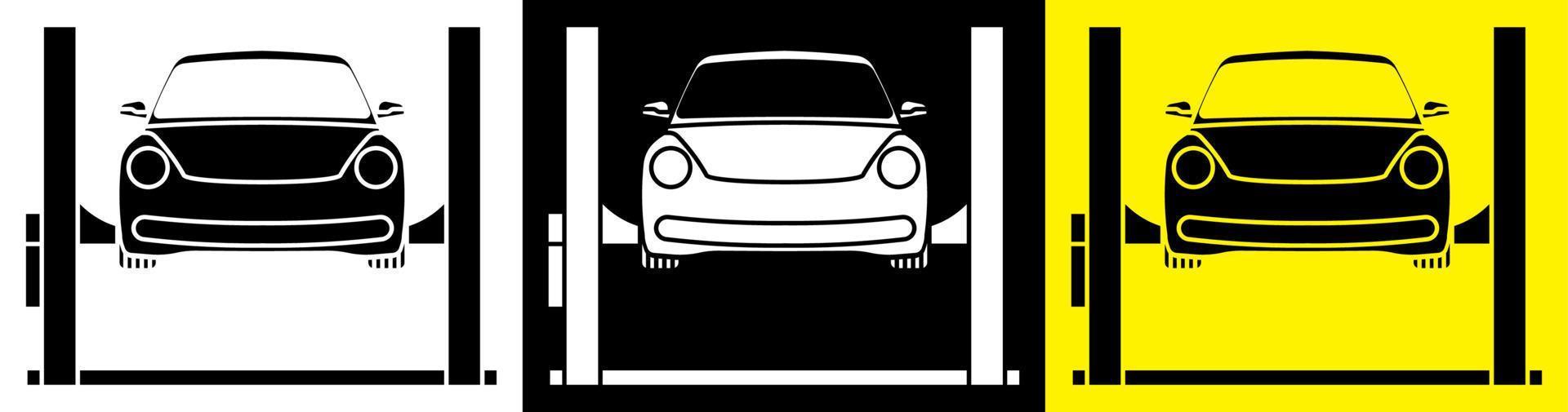 Auto auf einer elektrischen Hebebühne in der Werkstatt. Wartung des technischen Zustands der Maschine, Inspektion vor dem Verkauf. Vektor