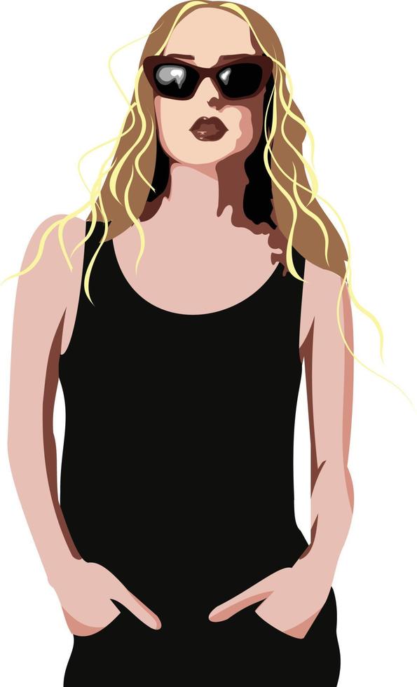 en blond tjej med långt hår med gyllene lockar, bär en svart ärmlös t-shirt och solglasögon, och stoppar händerna i fickan. passar som modell vektor