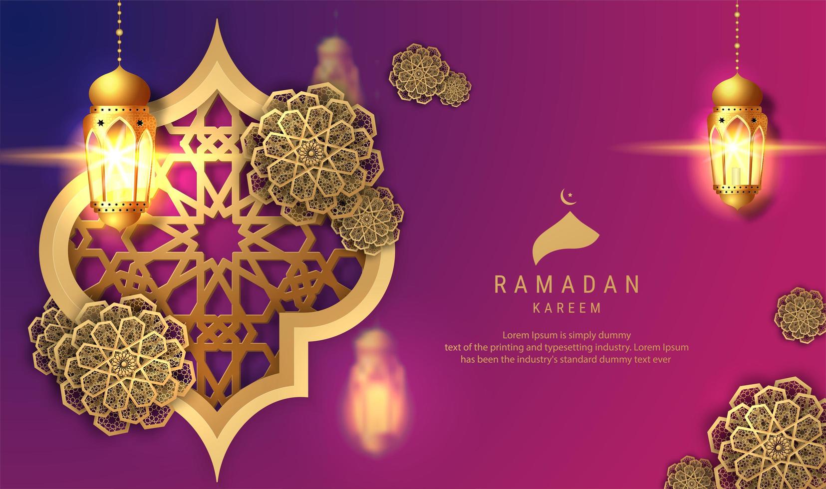 Ramadan Kareem lila Hintergrund mit hängenden Laternen vektor