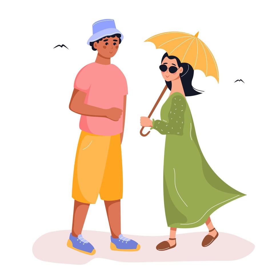 människor skyddar huden från UV-ljus med paraply, kläder, panamahatt och solglasögon. platt vektor illustration.