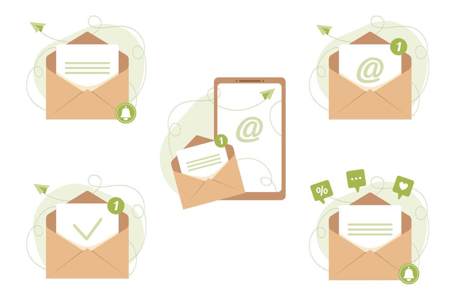 öppna postkuvert med e-postskylt, nytt meddelande, brev, bock. skicka reklammail, erbjuda rabatt, rea. e-posthantering koncept. vektor ikoner set.