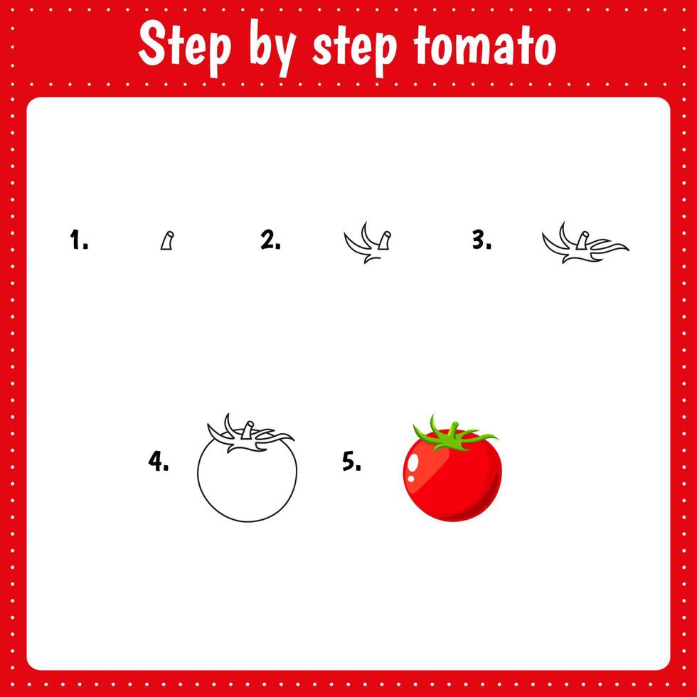 pädagogisches arbeitsblatt für kinder. schritt für schritt zeichnung illustration. Tomate. Aktivitätsseite für die Vorschulerziehung. vektor