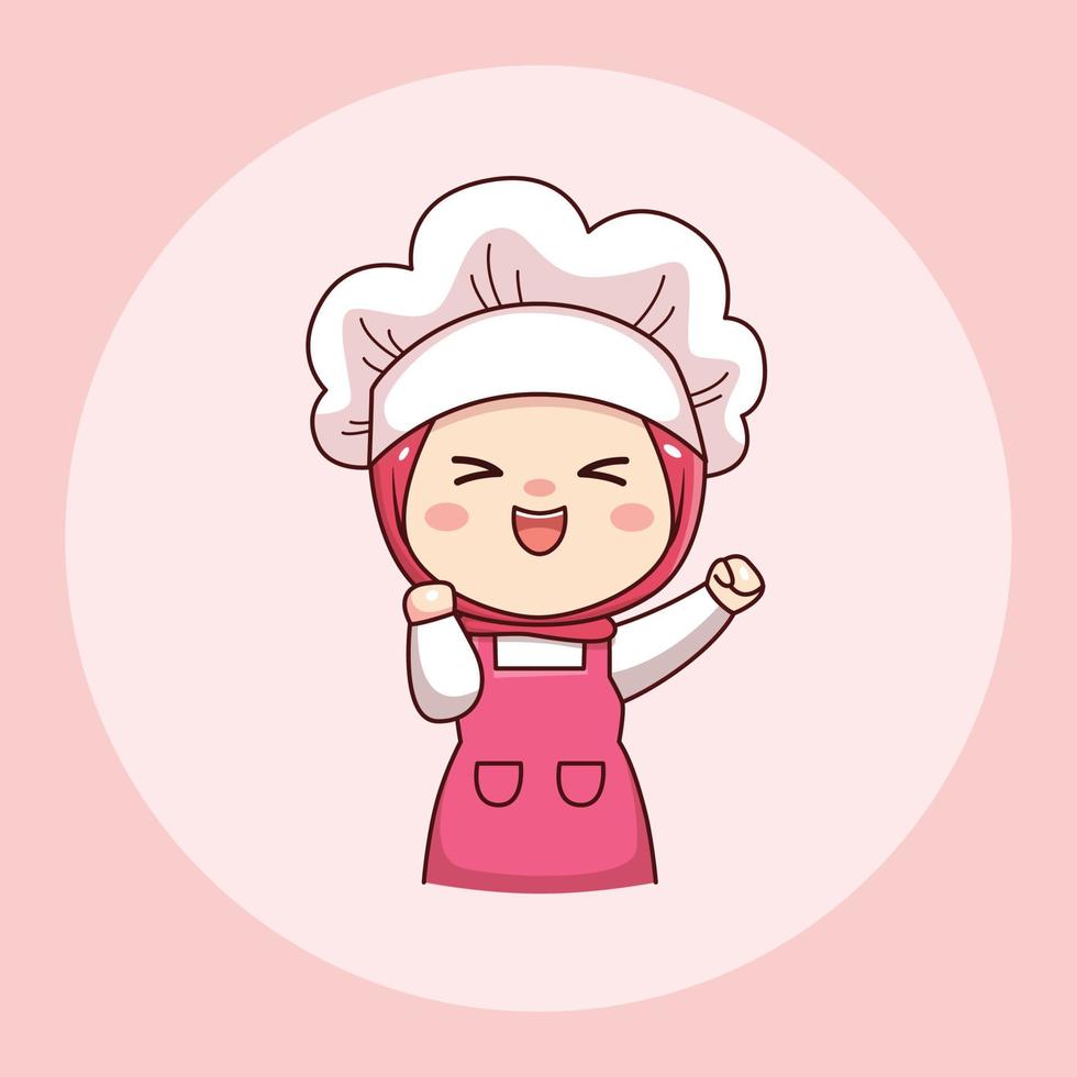 Fröhliches süßes und kawaii Hijab Köchin oder Bäcker Cartoon Manga Chibi Vektor Charakter Design