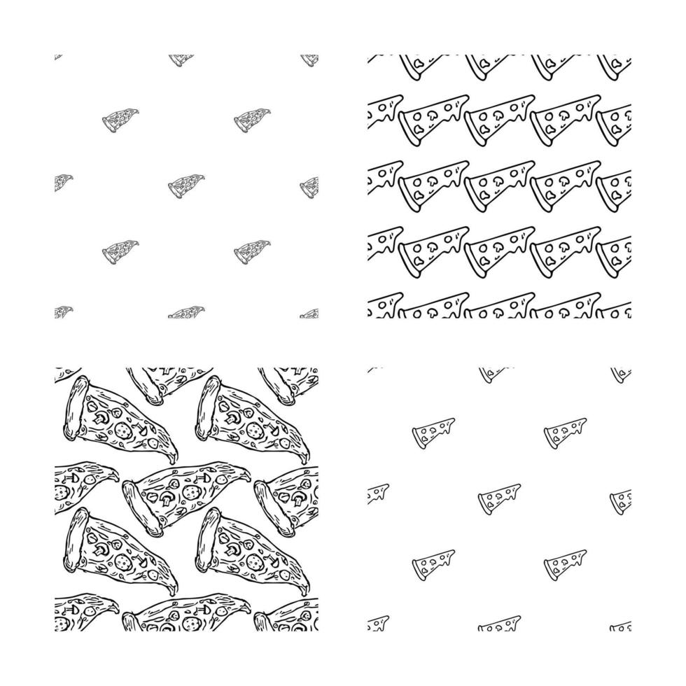 uppsättning olika sömlösa pizzamönster. doodle vektor pizza bakgrund