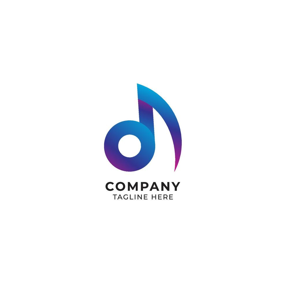 bokstaven d alfabetet musik logotyp design. inledande och musiknot logotyp koncept isolerad på vit bakgrund. blå lila magenta flerfärgad gradient. vektor