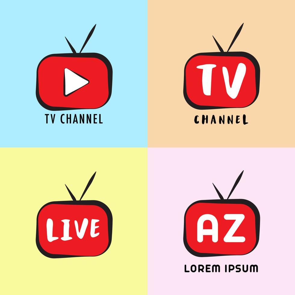 Social Media Live-Streaming, Online-Fernsehen, Web-TV, einfach, alphabetisch, bildlich, Cartoon-Konzept mit Play-Taste, roter, schwarzer, bunter Hintergrund, Design-Vorlage für das Logo des Fernsehsenders vektor