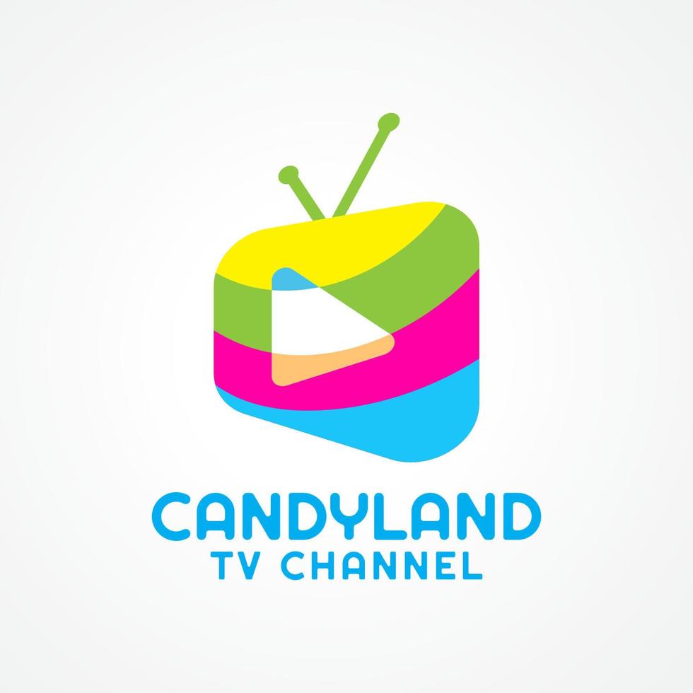 candyland-tv-senderlogo lokalisiert auf weißem farbhintergrund. buntes fernsehlogokonzept mit spieltaste. für Kinder geeignetes Programm. vektor