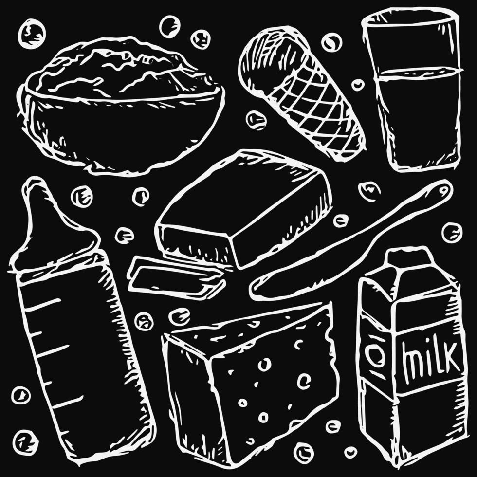 Milchproduktion. Vektor-Doodle-Illustration mit Symbol für Milchprodukte. Milch essen vektor