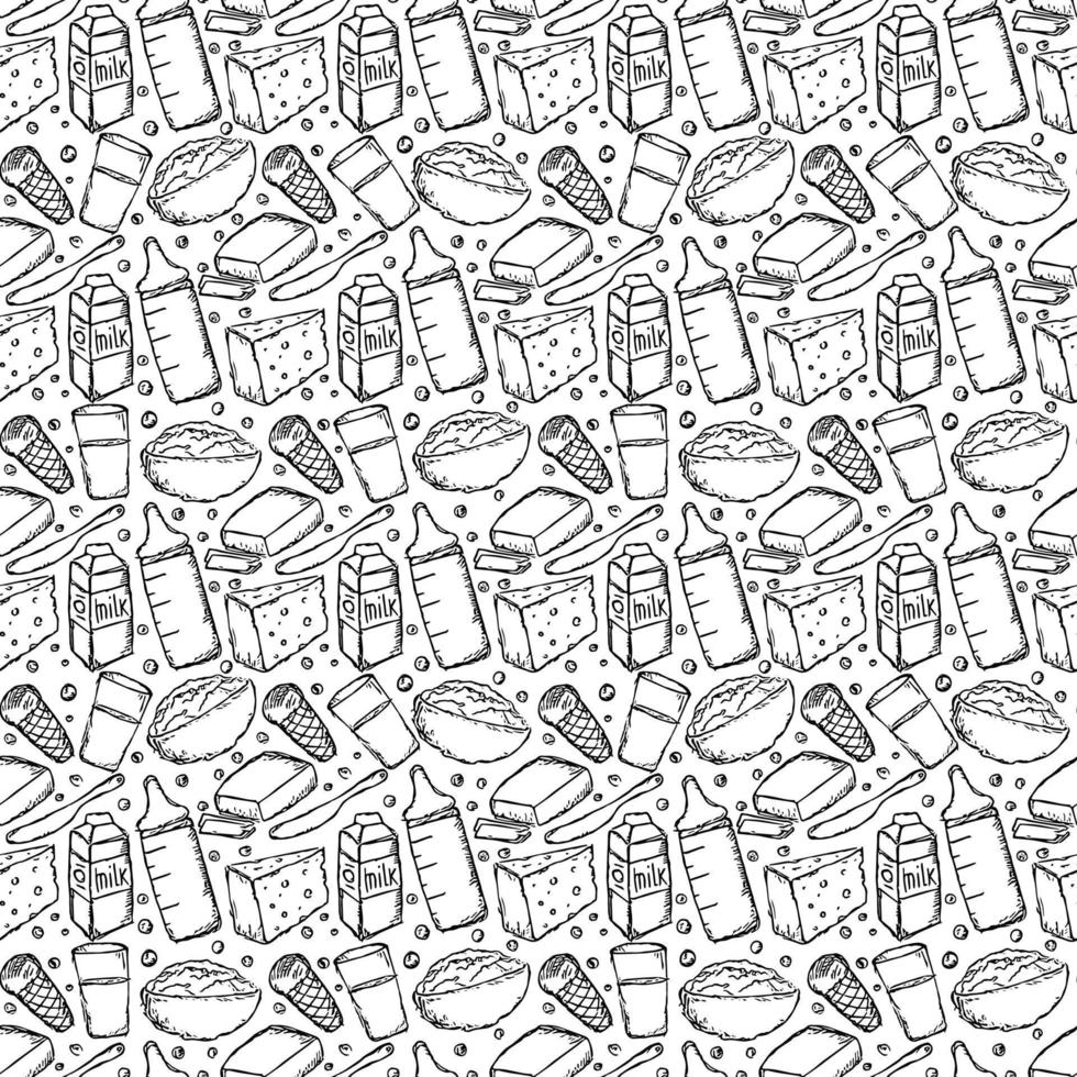 sömlöst mjölkproduktionsmönster. vektor doodle illustration med mjölkprodukter ikon. mönster med mjölkmat