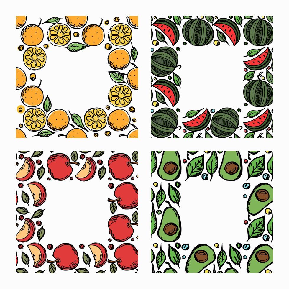 uppsättning av olika sömlösa fruktramar. doodle vektor frukt bakgrund med plats för text
