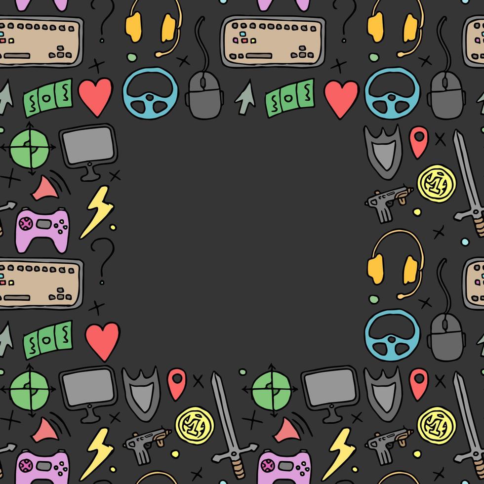 Nahtloser Gaming-Hintergrund mit Platz für Text. Nahtloses Muster mit Doodle-Gaming-Symbolen. Gaming-Vektorsymbole vektor