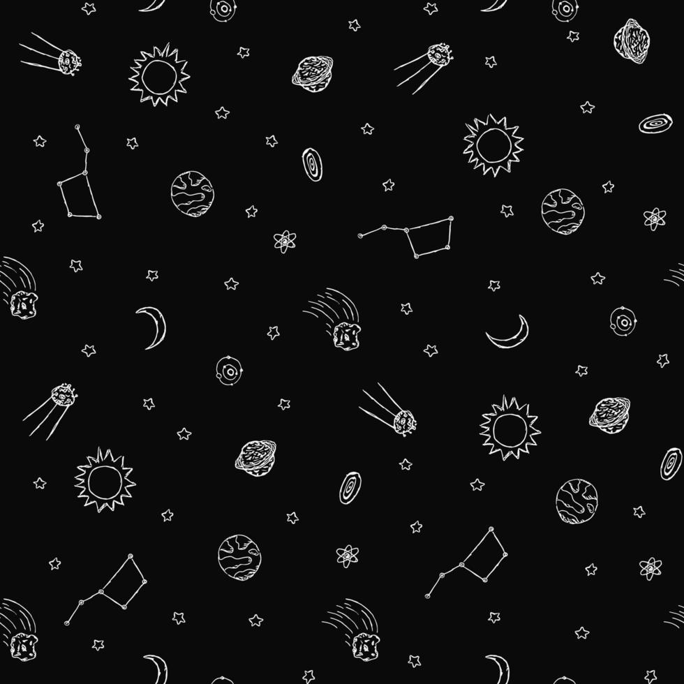 sömlösa rymdmönster. kosmos bakgrund. doodle vektor utrymme illustration med planeter, komet, stjärnor, måne, sol och svart hål