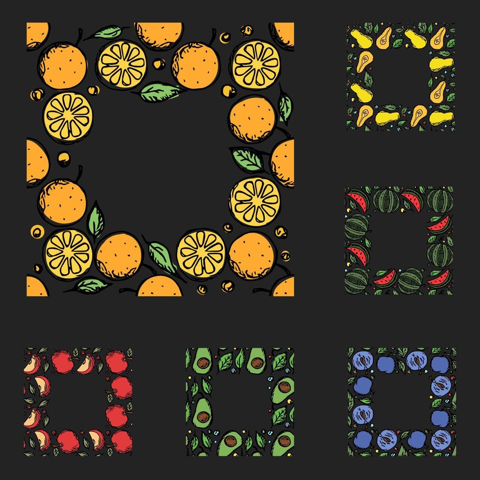 Reihe von verschiedenen nahtlosen Fruchtrahmen. Gekritzelvektorfruchthintergrund mit Platz für Text vektor