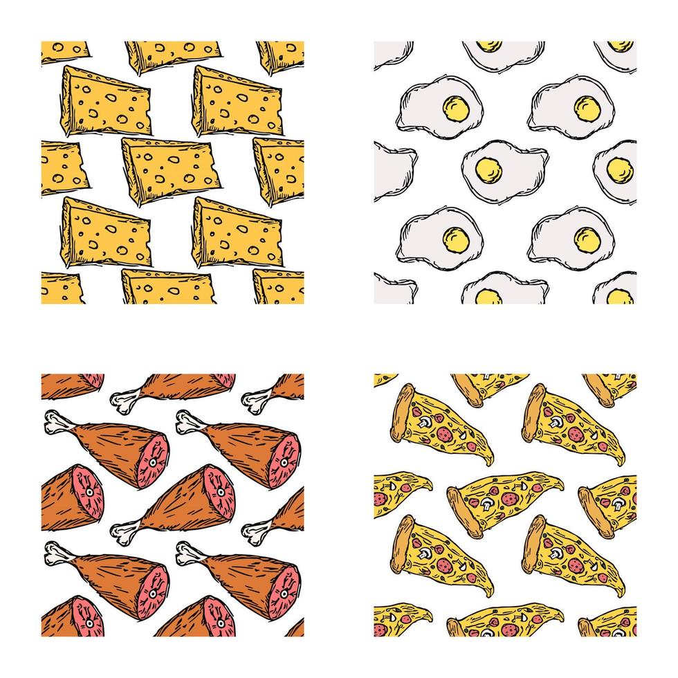 uppsättning olika sömlösa matmönster. doodle vektor mat bakgrund
