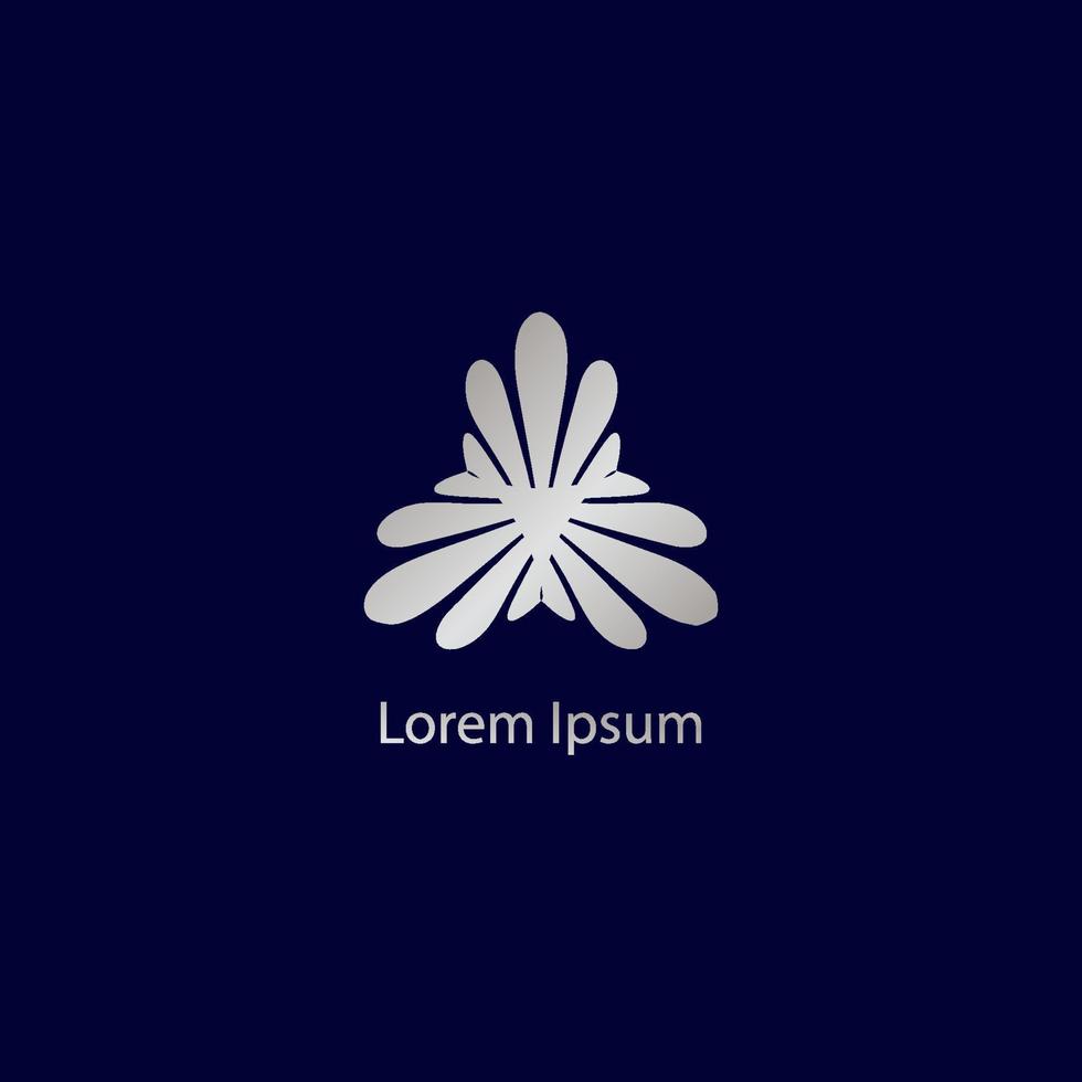 abstrakt dekorativ blomma logotyp designmall isolerad på mörkblå färg bakgrund. silver, grå, utstrålning energi, vortex vektorillustration vektor