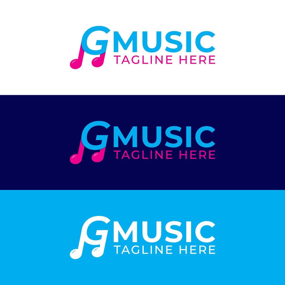 färgglada bokstaven g alfabetet musik logotyp design. inledande och musikalisk not logotyp koncept. monogram bokstavstämpel logotyp. rosa magenta, blått och vitt färgtema vektor