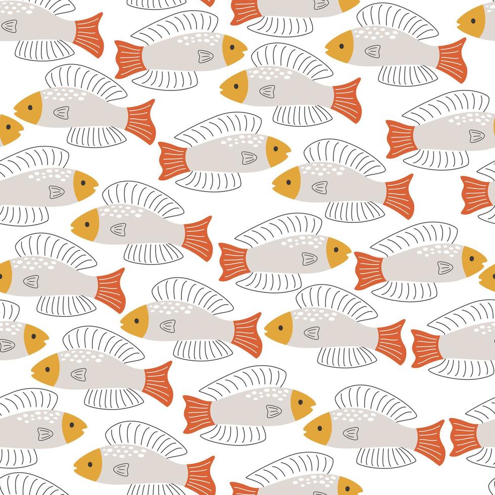 Seefisch im abstrakten Stil auf weißem Hintergrund. nahtloses muster mit wildem flachem tier vektor