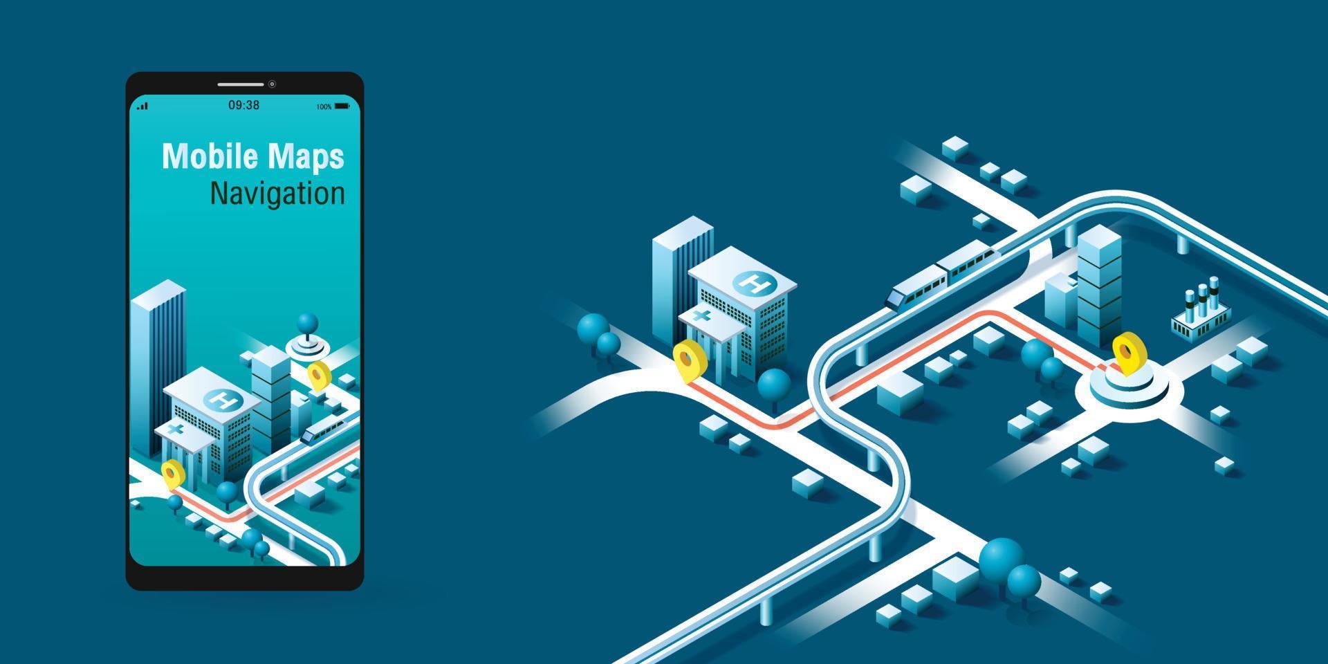 mobil kartnavigering och spårningskoncept. isometrisk stadskarta, appdesign, infographic. vektor illustration