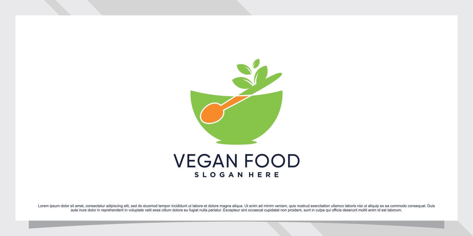 restaurang logotyp design för vegetarisk mat med gaffel, sked och blad element vektor