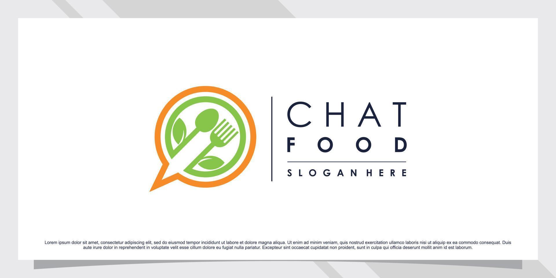 Food-Chat-Logo-Design mit Gabel, Löffel und Blattelement vektor