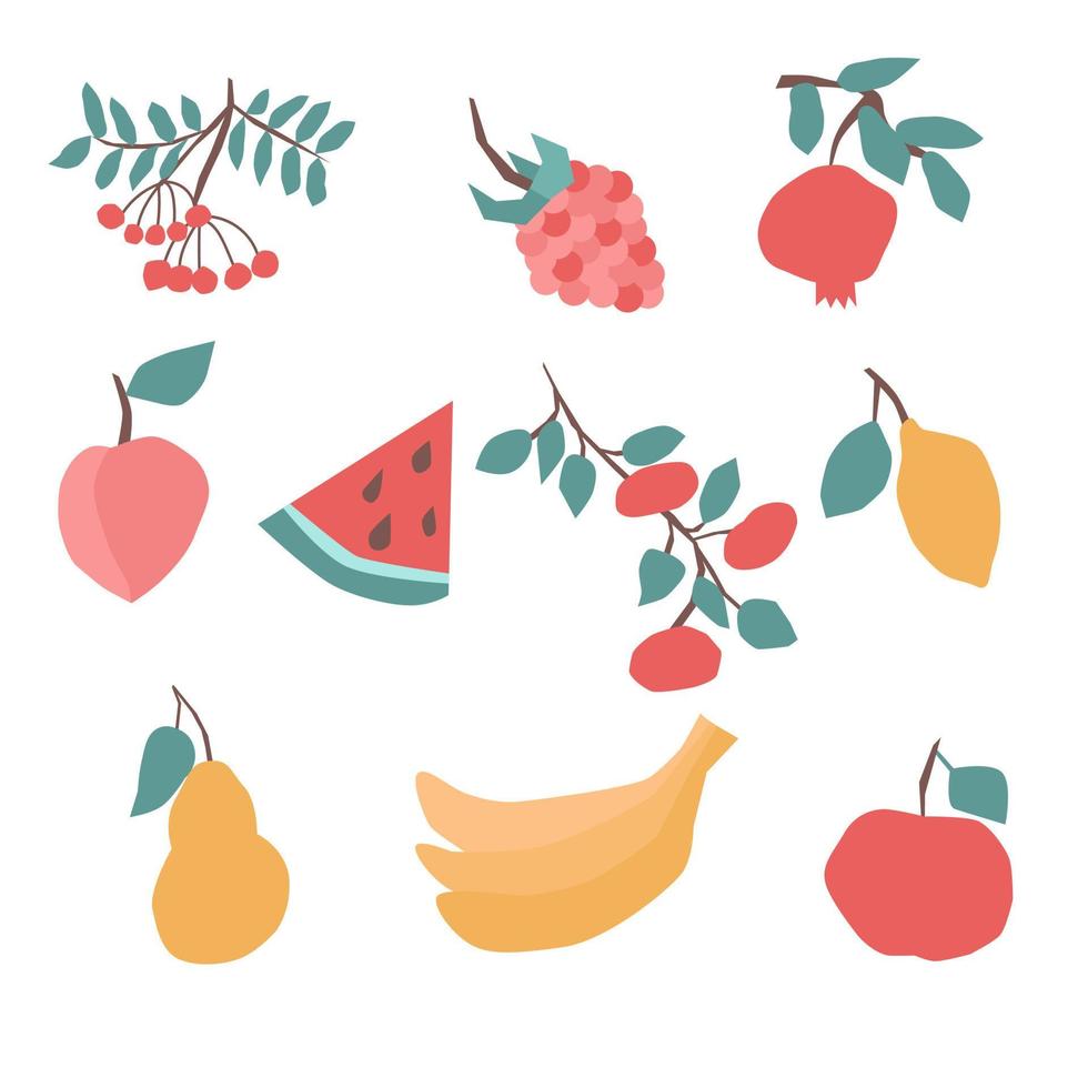 frukt set. bananer, granatäpple, päron, aprikos, äpple, citron vektorillustration vektor