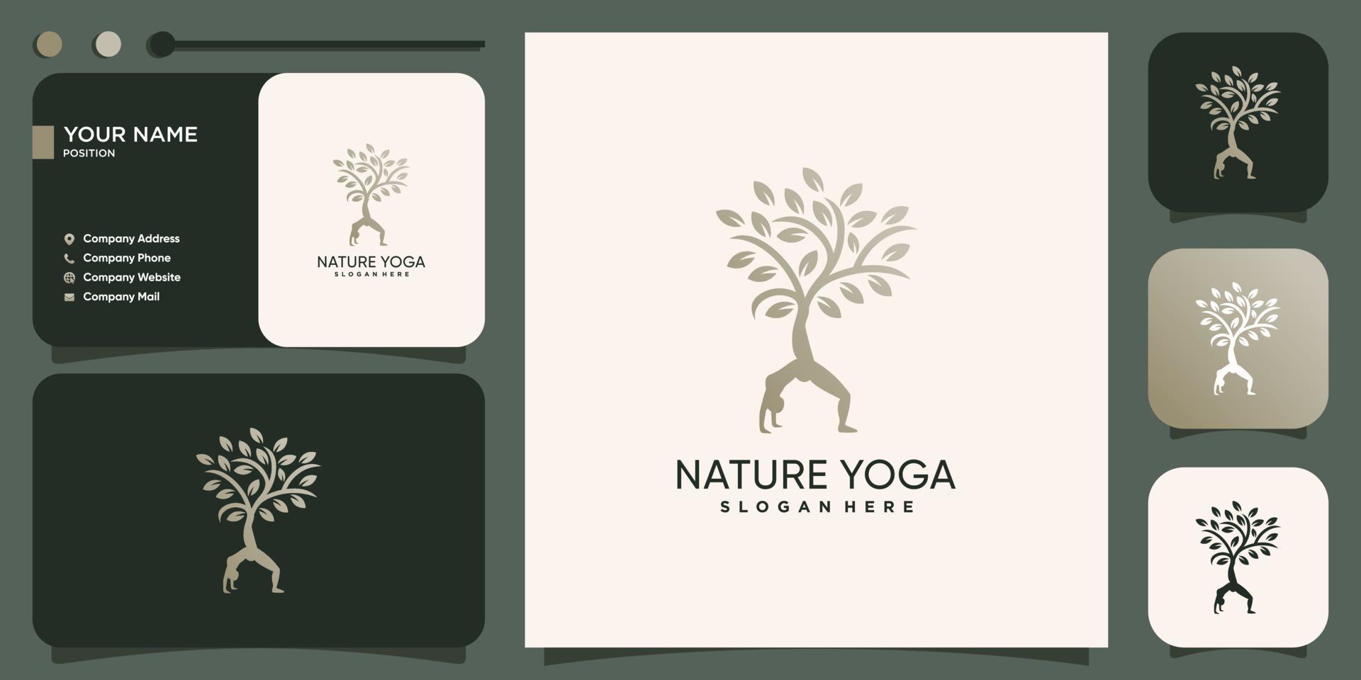 yoga logotyp med naturträd koncept premium vektor