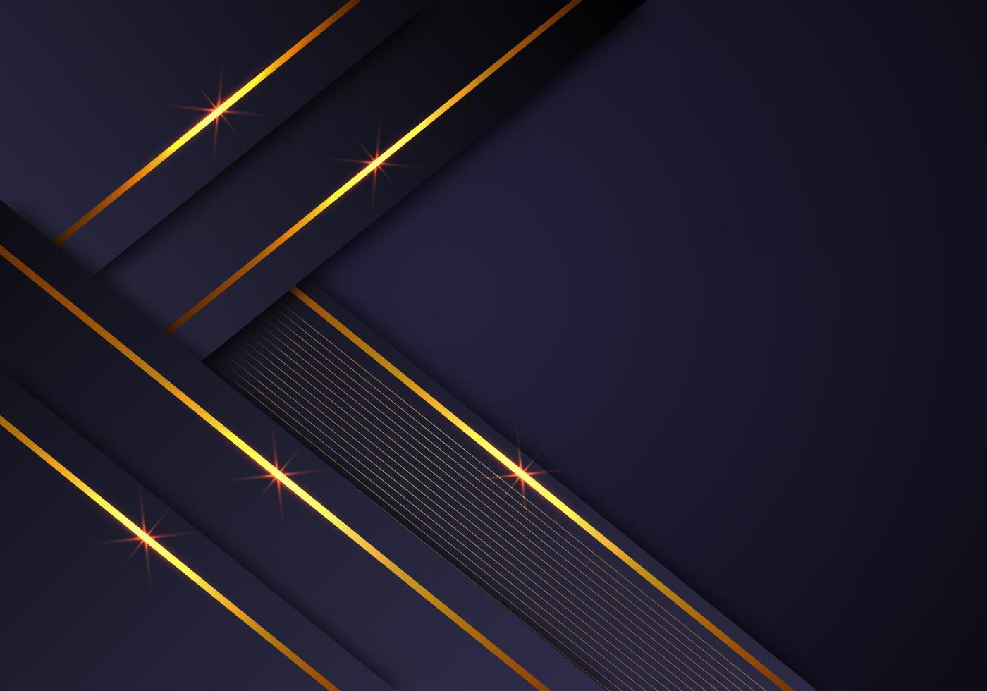 Abstrakte glänzende goldene Linien diagonal überlappen luxuriösen dunkelmarineblauen lila Hintergrund mit Kopierraum für Text vektor