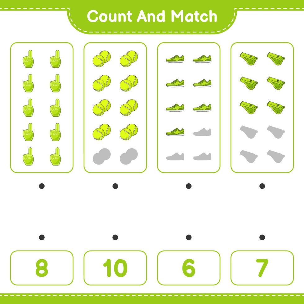 räkna och matcha, räkna antalet skumfinger, visselpipa, tennisboll, sneaker och matcha med rätt siffror. pedagogiskt barnspel, utskrivbart kalkylblad, vektorillustration vektor