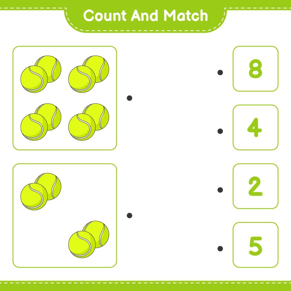 räkna och matcha, räkna antalet tennisbollar och matcha med rätt siffror. pedagogiskt barnspel, utskrivbart kalkylblad, vektorillustration vektor
