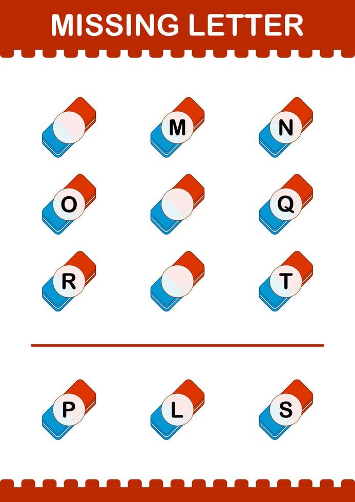 saknad bokstav med suddgummi. arbetsblad för barn vektor