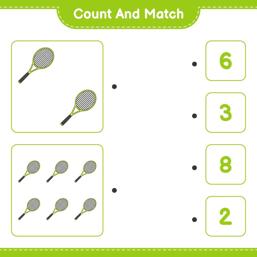 räkna och matcha, räkna antalet tennisracketar och matcha med rätt nummer. pedagogiskt barnspel, utskrivbart kalkylblad, vektorillustration vektor