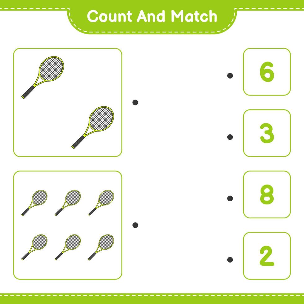 Zähle und kombiniere, zähle die Anzahl der Tennisschläger und vergleiche sie mit den richtigen Zahlen. pädagogisches kinderspiel, druckbares arbeitsblatt, vektorillustration vektor