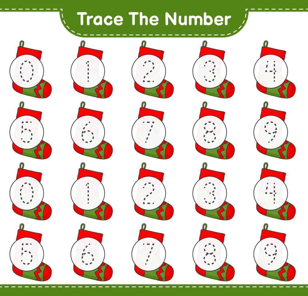 Verfolgen Sie die Nummer. verfolgungsnummer mit weihnachtssocke. pädagogisches kinderspiel, druckbares arbeitsblatt, vektorillustration vektor