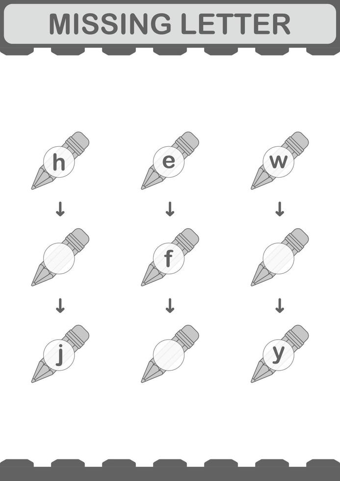 fehlender Buchstabe mit Bleistift. Arbeitsblatt für Kinder vektor