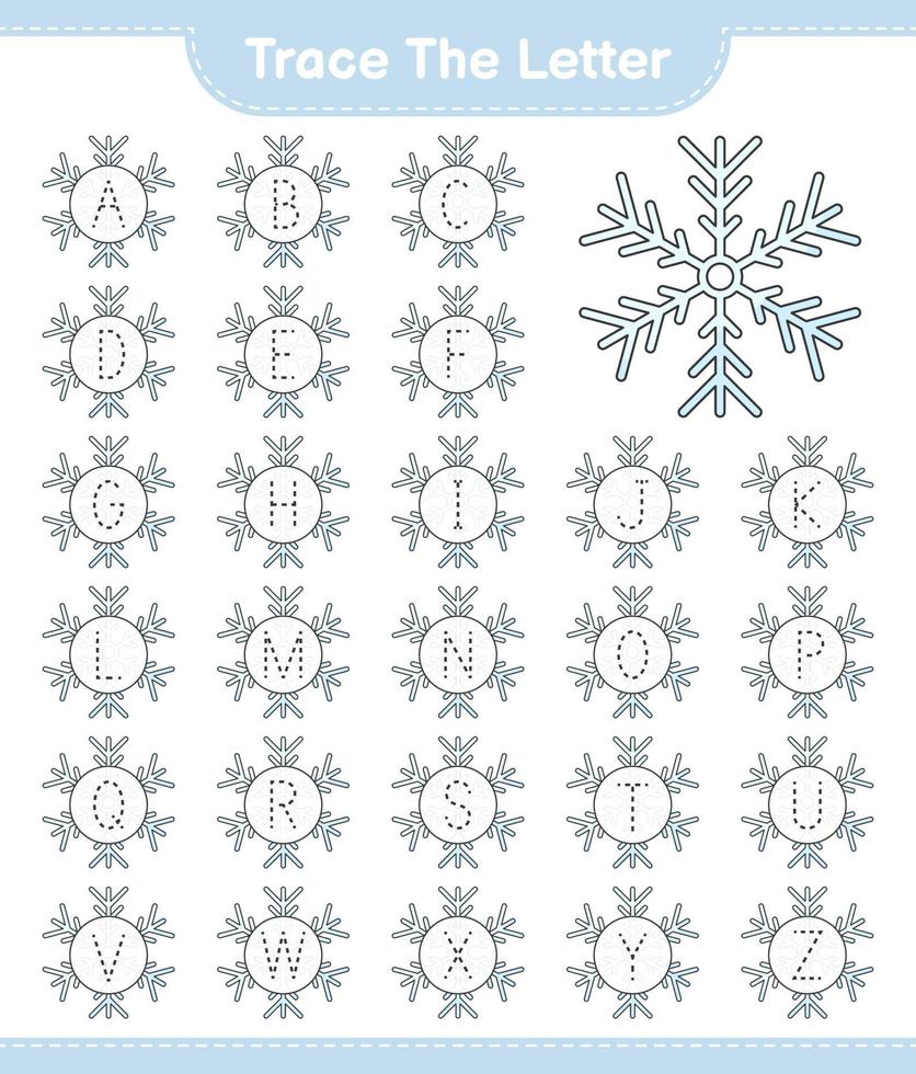 spåra brevet. spåra bokstaven alfabetet med snöflinga. pedagogiskt barnspel, utskrivbart kalkylblad, vektorillustration vektor