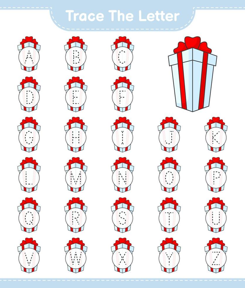 Verfolge den Brief. verfolgung von buchstabenalphabet mit geschenkbox. pädagogisches kinderspiel, druckbares arbeitsblatt, vektorillustration vektor