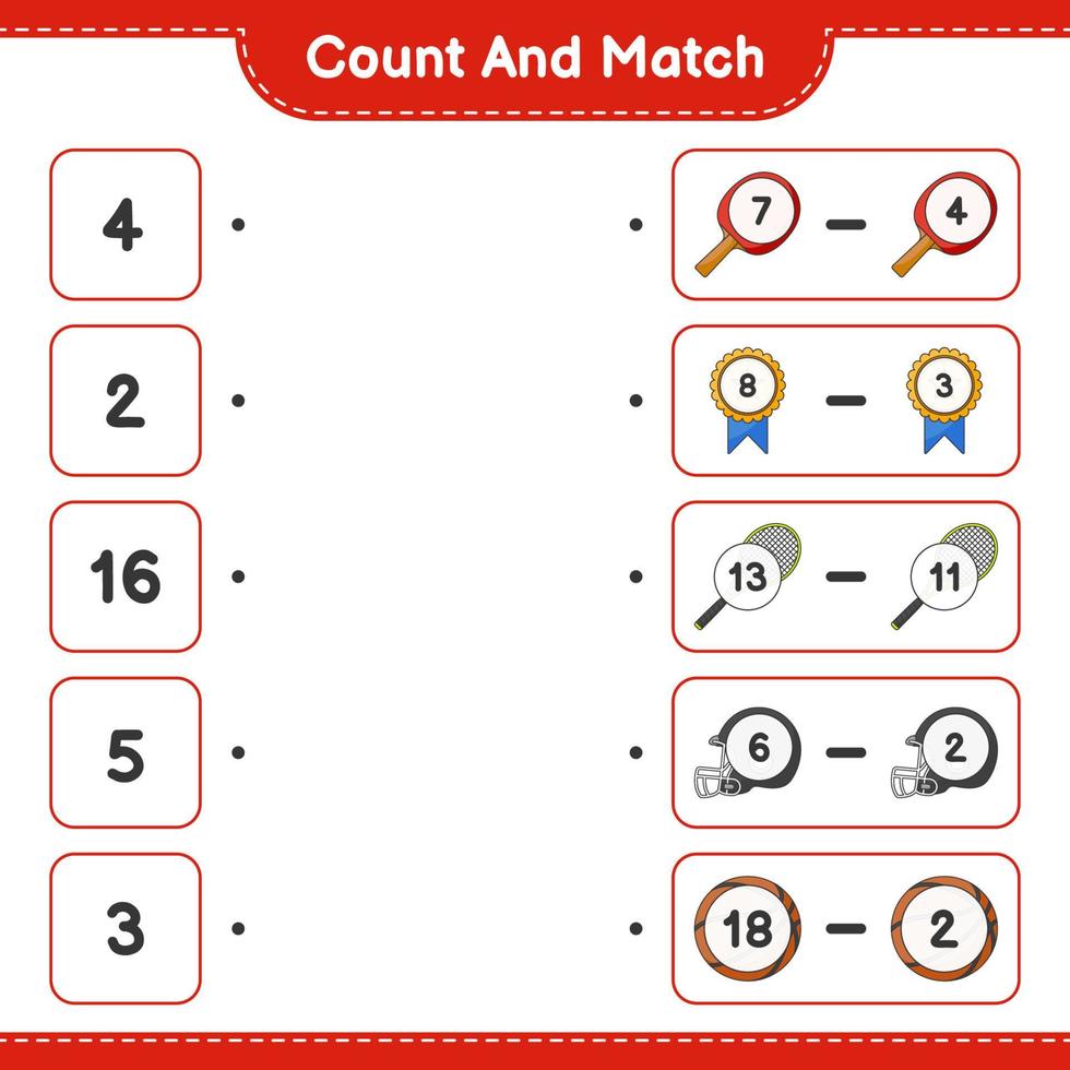räkna och matcha, räkna antalet racket, basket, trofé, hjälm och matcha med rätt nummer. pedagogiskt barnspel, utskrivbart kalkylblad, vektorillustration vektor