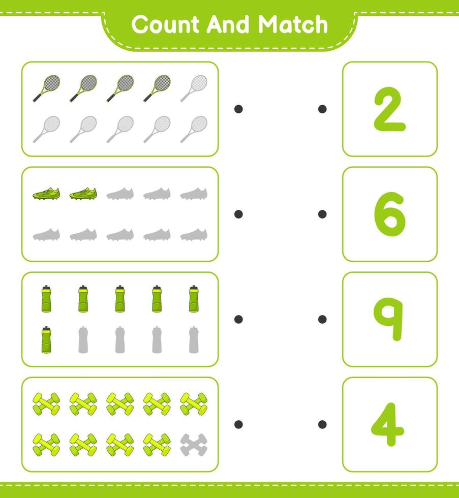 räkna och matcha, räkna antalet vattenflaska, tennisracket, fotbollsskor, hantel och matcha med rätt siffror. pedagogiskt barnspel, utskrivbart kalkylblad, vektorillustration vektor