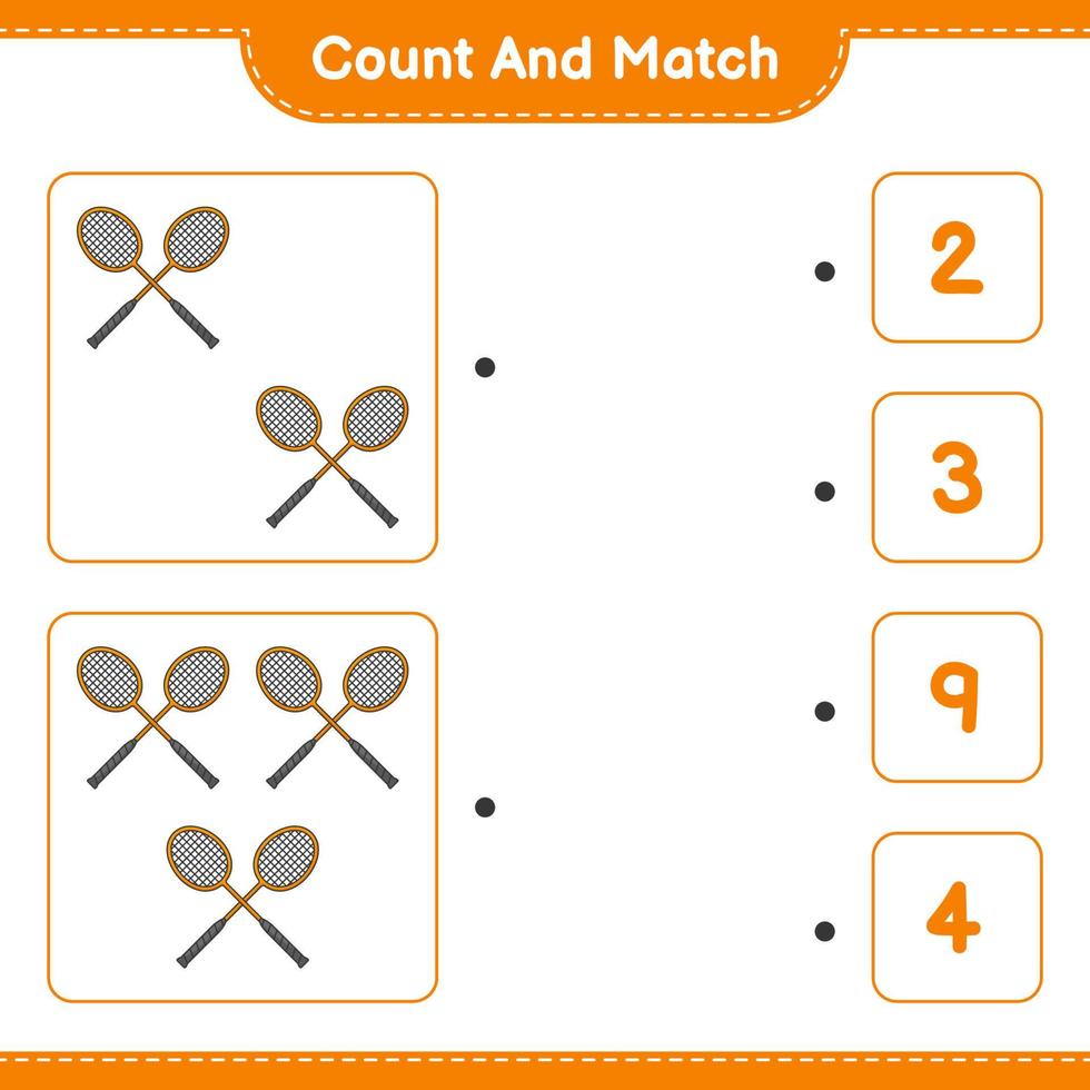 zähle und kombiniere, zähle die Anzahl der Badmintonschläger und kombiniere die richtigen Zahlen. pädagogisches kinderspiel, druckbares arbeitsblatt, vektorillustration vektor