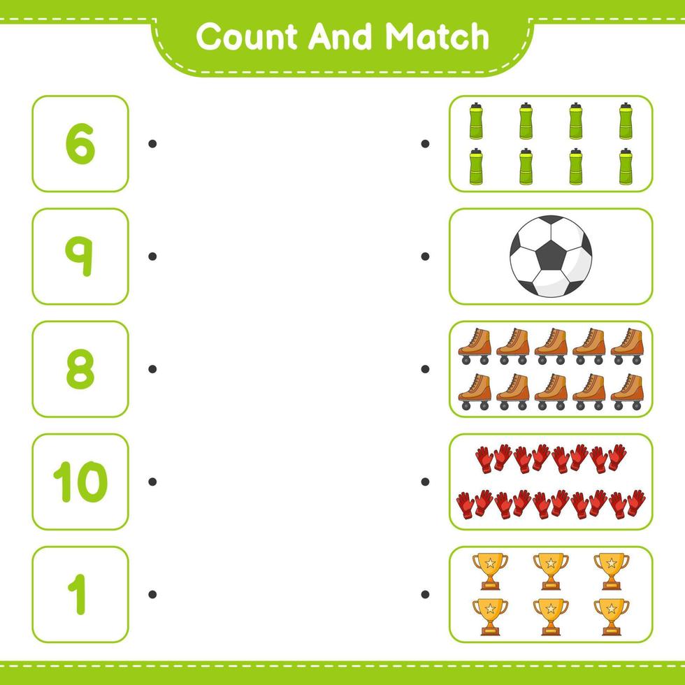 räkna och matcha, räkna antalet vattenflaska, trofé, boll, handskar, rullskridsko och matcha med rätt siffror. pedagogiskt barnspel, utskrivbart kalkylblad, vektorillustration vektor