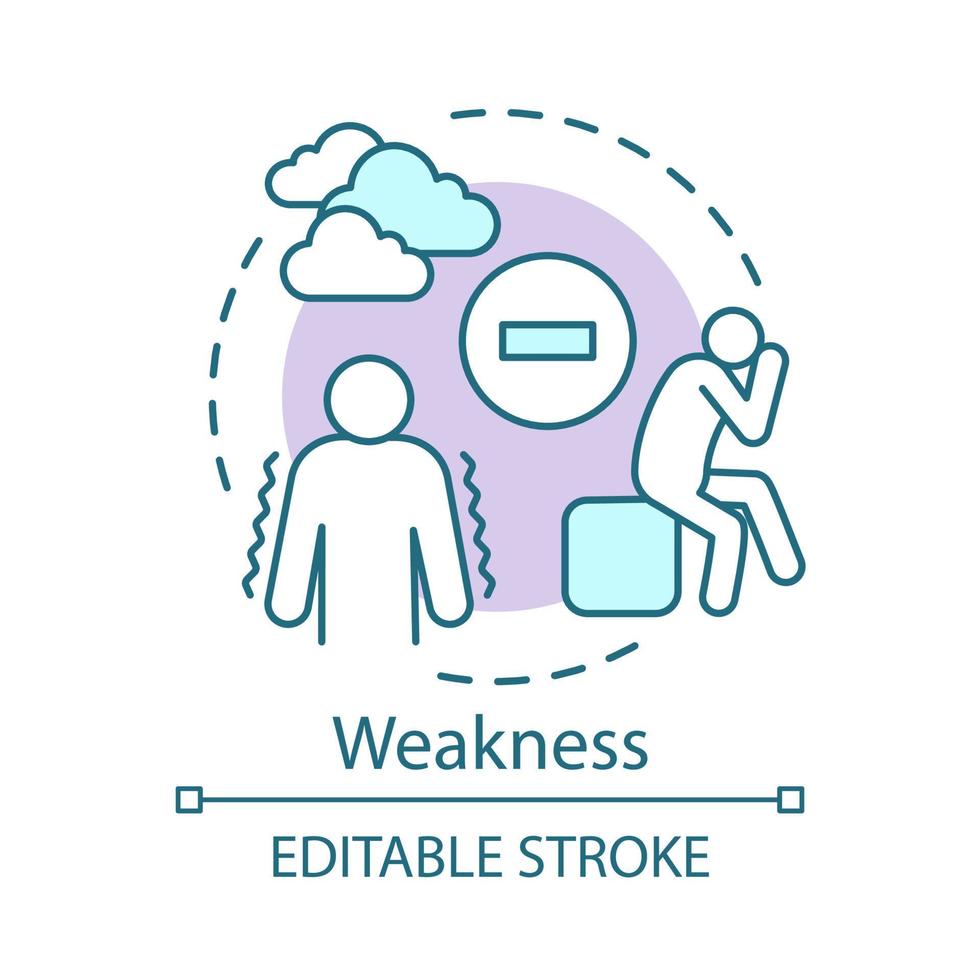 svaghet koncept ikon. stress, sjukdom, sjukdom idé tunn linje illustration. olycklig, deprimerad person vektor isolerade konturritning. svaga, trötta människor. sorg, förtvivlan, rädsla. redigerbar linje
