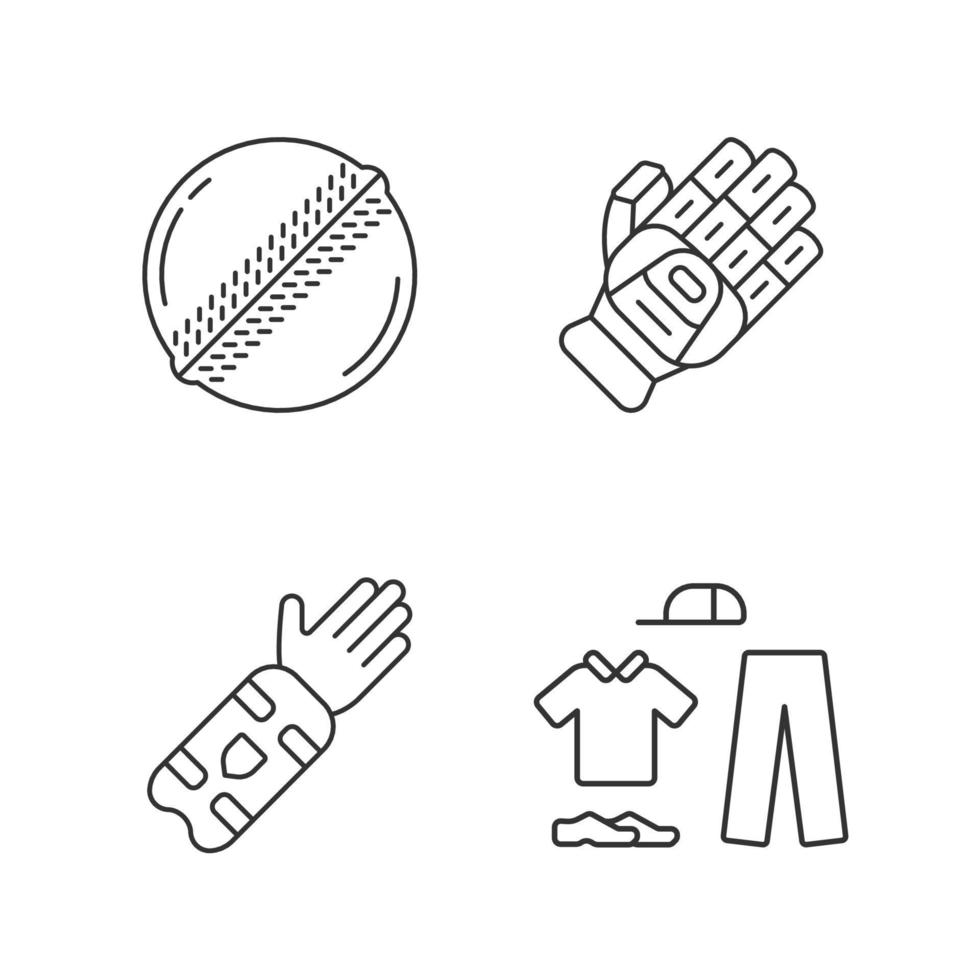 Cricket-Meisterschaft lineare Symbole gesetzt. Sportuniform, Schutzausrüstung, Spielausrüstung. sportliche Aktivität. Teamspiel. dünne Linienkontursymbole. isolierte vektorumrissillustrationen. editierbarer Strich vektor