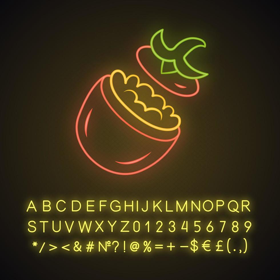 mit Käse gefüllte Tomaten Neonlicht-Symbol. Rezept für Sommergemüse. hausgemachtes Essen. vegetarisches Essen, nahrhafte Mahlzeit. leuchtendes zeichen mit alphabet, zahlen und symbolen. vektor isolierte illustration