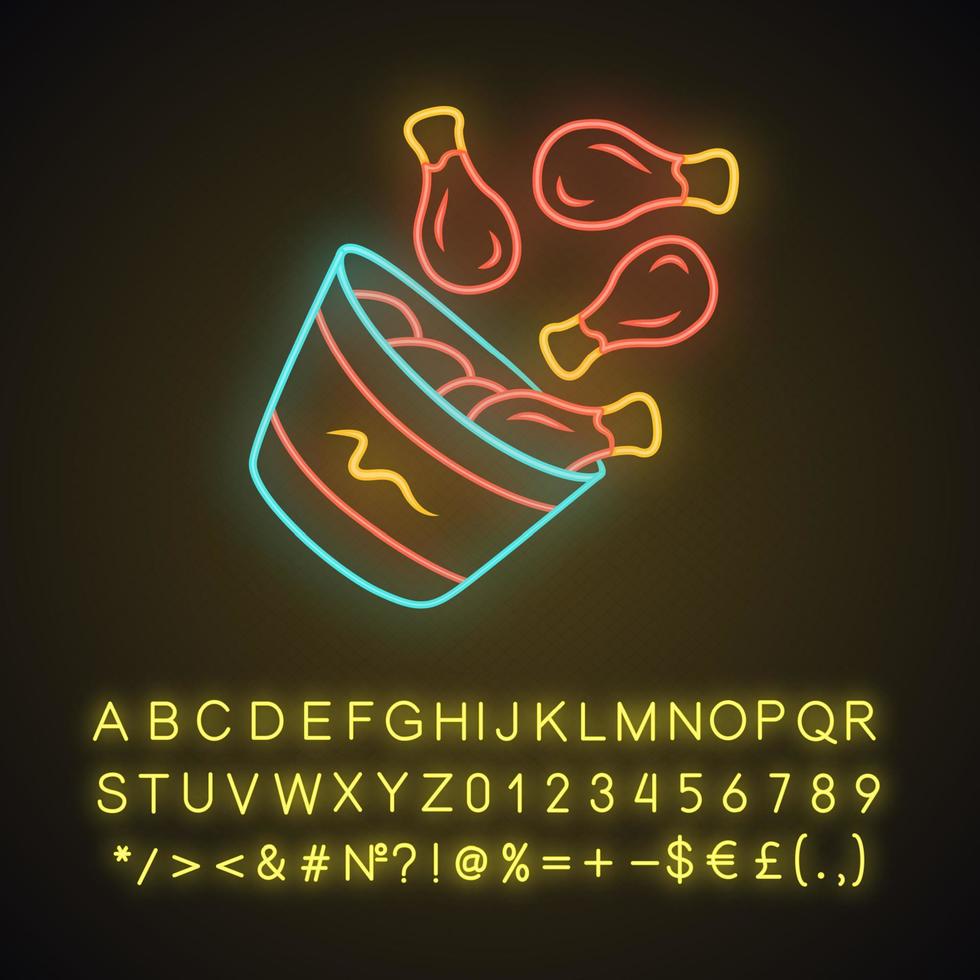 Symbol für Neonlicht mit Hühnereimer. BBQ Hähnchenkeulen, Beine. ungesundes fastfood. Café, Steakhouse-Menü. Fleisch kochen. leuchtendes zeichen mit alphabet, zahlen und symbolen. vektor isolierte illustration