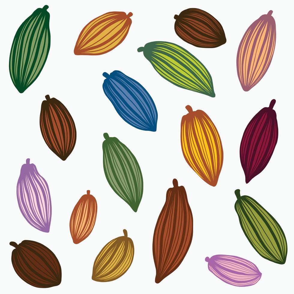 Kakaoschoten, die ein Rohstoff für das Freihandzeichnen von Schokolade sind. vektor