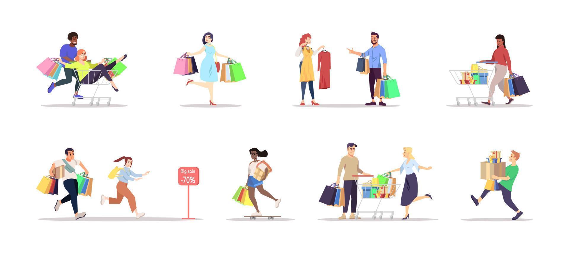 shopping platt vektor illustrationer set. människor med väskor, köper isolerade seriefigurer på vit bakgrund. specialerbjudande, säsongsbetonad finalrea, rabatt. livsmedelsbutiker, mode, semesterpresenter